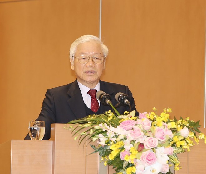 Tổng Bí thư, Chủ tịch nước Nguyễn Phú Trọng phát biểu tại Hội nghị. (Ảnh: Trí Dũng/TTXVN)