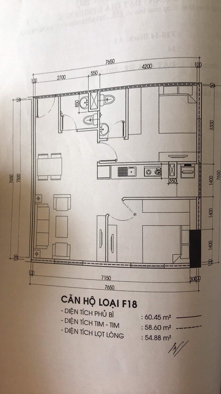 Bản vẽ mô tả diện tích căn hộ đính kèm theo hợp đồng.