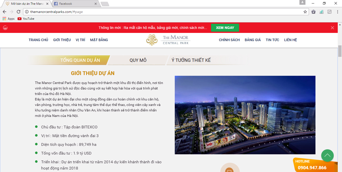 Một trang web giới thiệu về dự án The Manor Central Park Hà Nội. Ảnh chụp màn hình