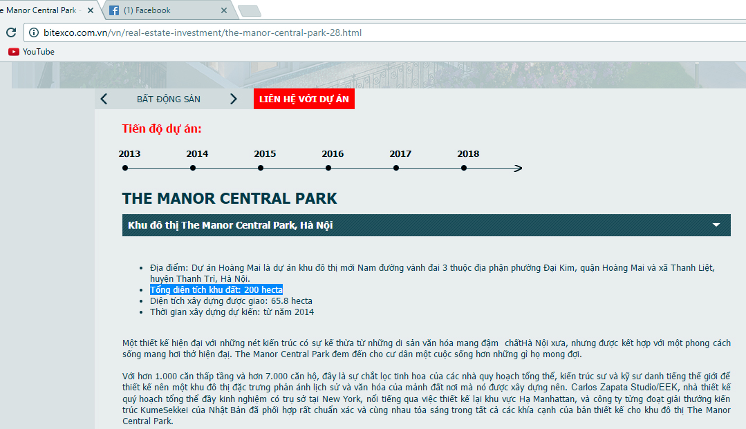 Trang web của Tập đoàn Bitexco giới thiệu The Manor Central Park có quy mô lên tới 200ha. Ảnh chụp màn hình