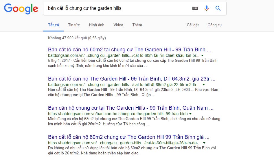 Hàng nghìn tin rao bán cắt lỗ căn hộ tại Bihdomes The Garden Hill được google search tìm ra trong vòng