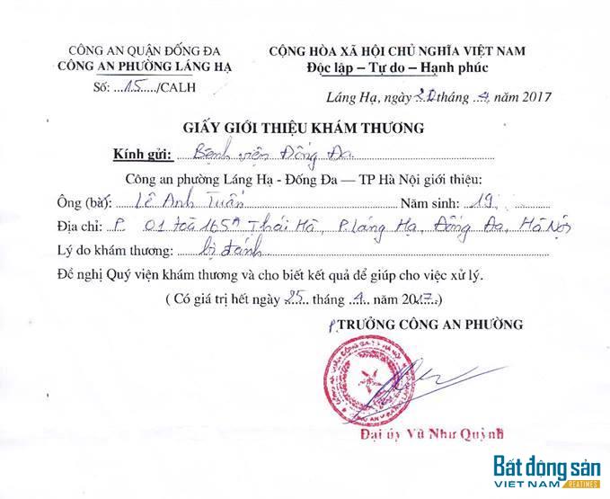 Công an phường Láng Hạ, quận Ba Đình cũng đã xác nhận việc anh Tuấn bị đánh là có thật. Ảnh: Cư dân cung cấp.