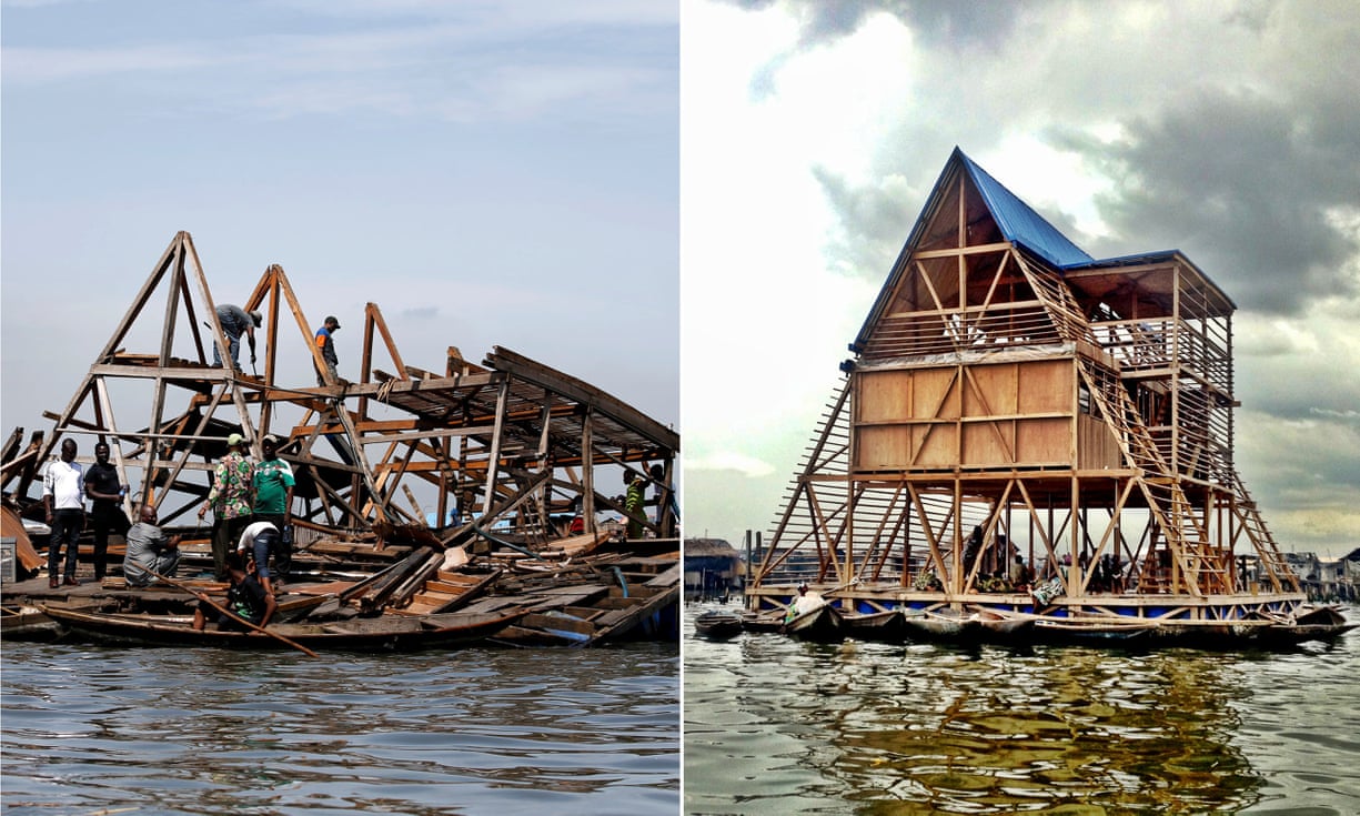 Trường học Makoko trước (ảnh phải) và sau khi bị sụp đổ