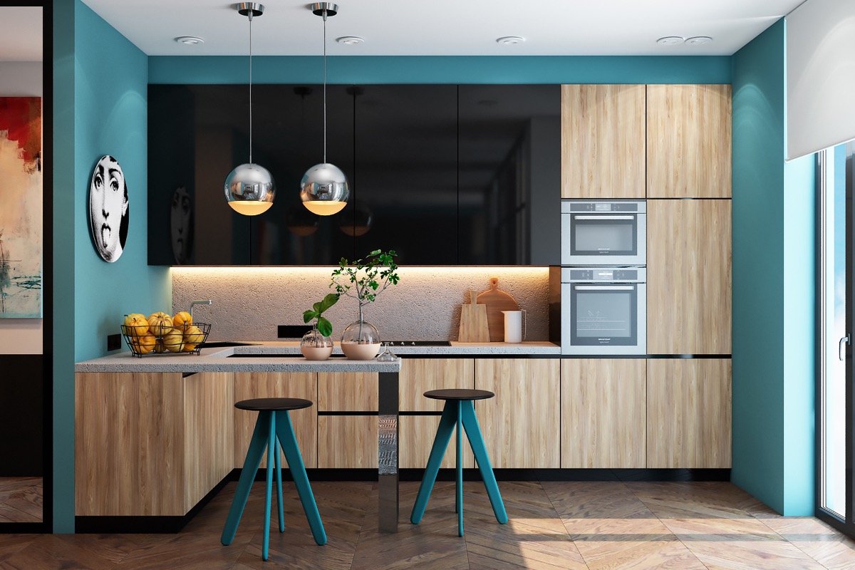 Sắc màu xanh dương và màu xanh của lá cây trở thành tông màu chủ đạo cho không gian bếp. Ý tưởngp/trang trí nhà bếp bằng gỗ “điên rồ” này cũng đủ làm dịu không gian nóng bức. 