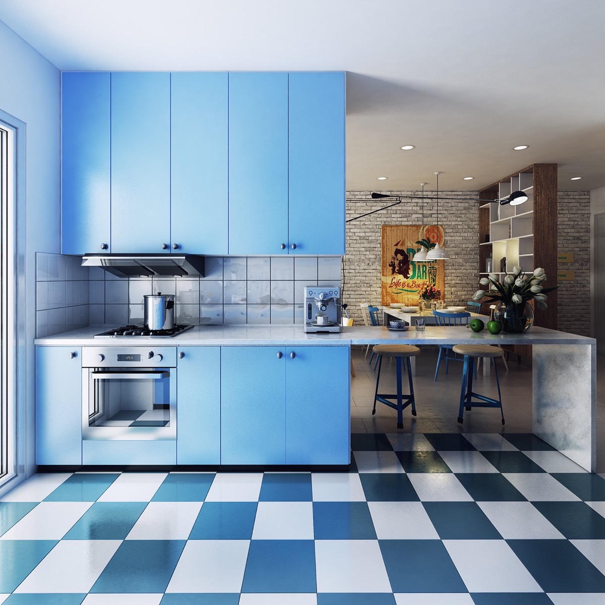 Gạch lát sàn kẻ ô màu xanh dương, trắng tạo nên sự bổ sung tuyệt vời cho thiết kế nhà bếp màu xanh. 
