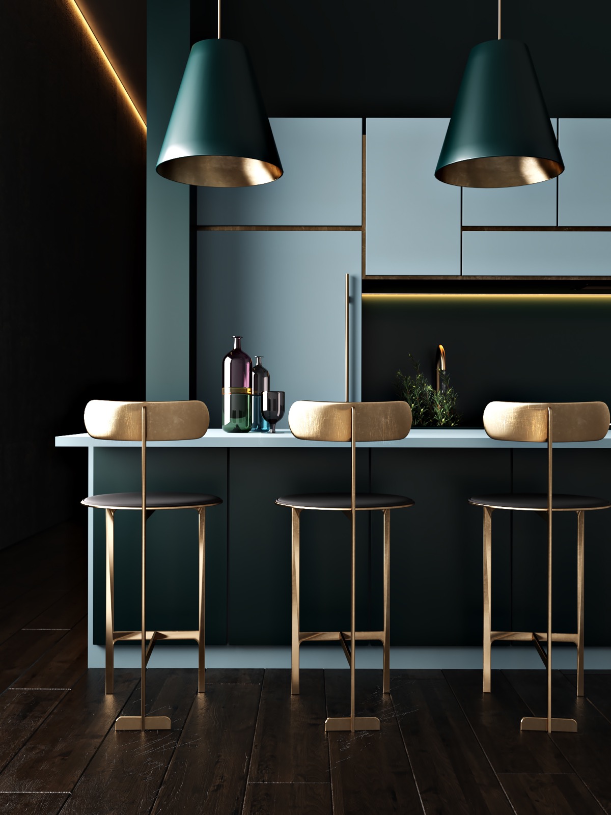  Với thiết kế đón sáng và phản chiếu bởi những bề mặt kim loại, không gian của căn bếp càng trở nên ấn tượng hơn khi sở hữu màu xanh đậm cùng sắc màu phản xạ.