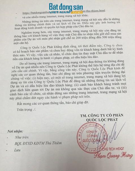 Công ty Quốc Lộc Phát gửi văn bản cảnh báo việc lừa đảo tại dự án