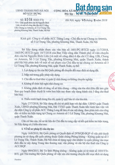 ngày 10/9/2018, Sở Xây dựng đã có văn bản số 8184/SDX-TTR, gửi Công ty Cổ phần ACC Thăng Long.