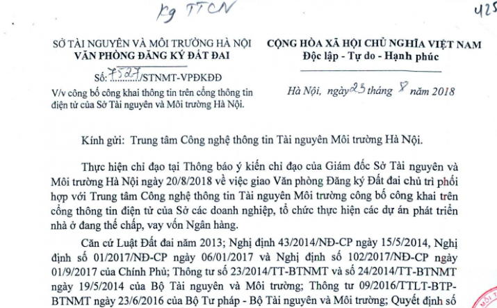 Văn bản thông báo của văn phòng đăng ký đất đai Hà Nội.