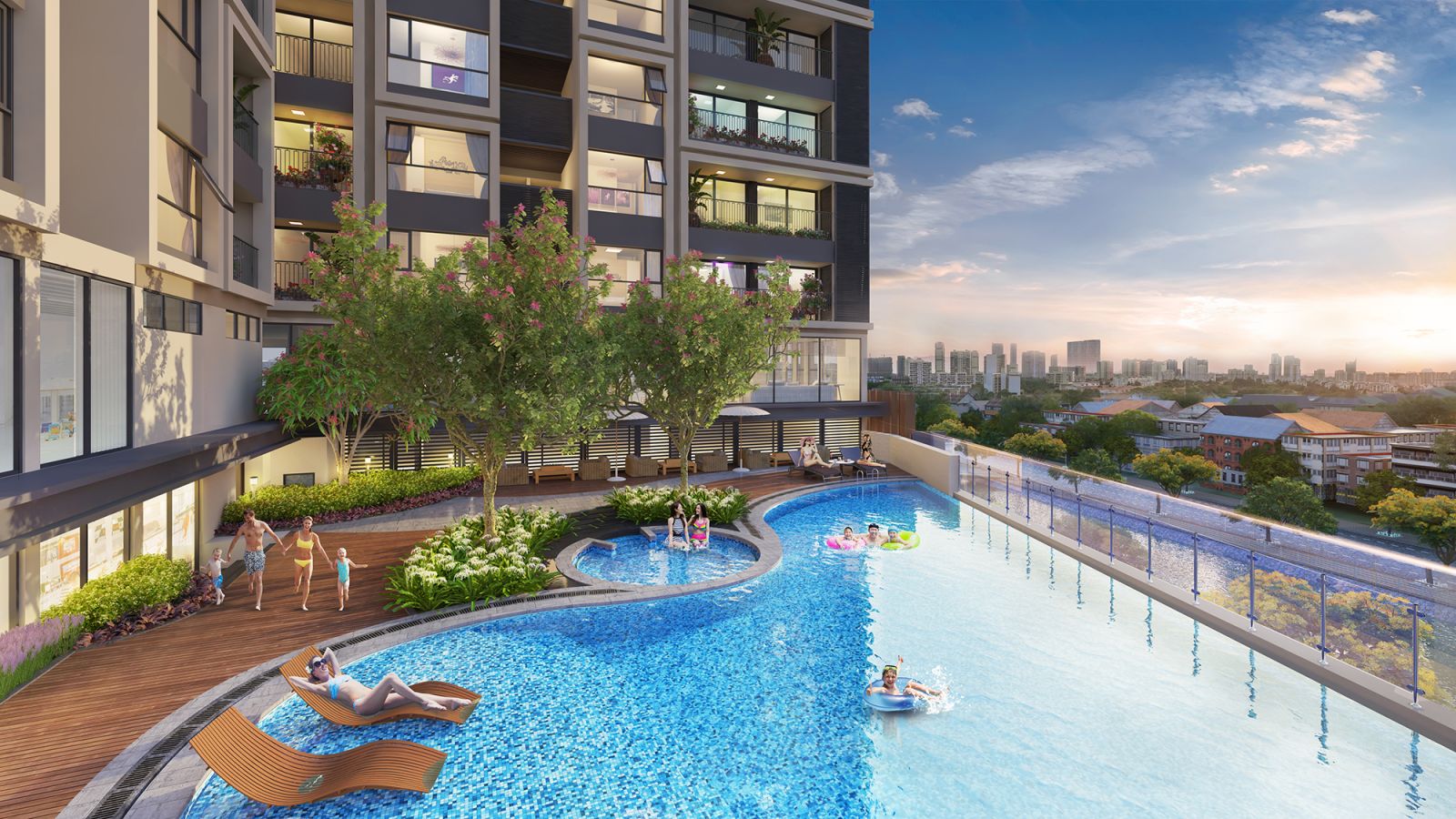 Chủ đầu tư Hinode City chấp nhận giảm diện tích xây dựng căn hộ để thiết kế bể bơi vô cực tại tầng 4 các block nhà.