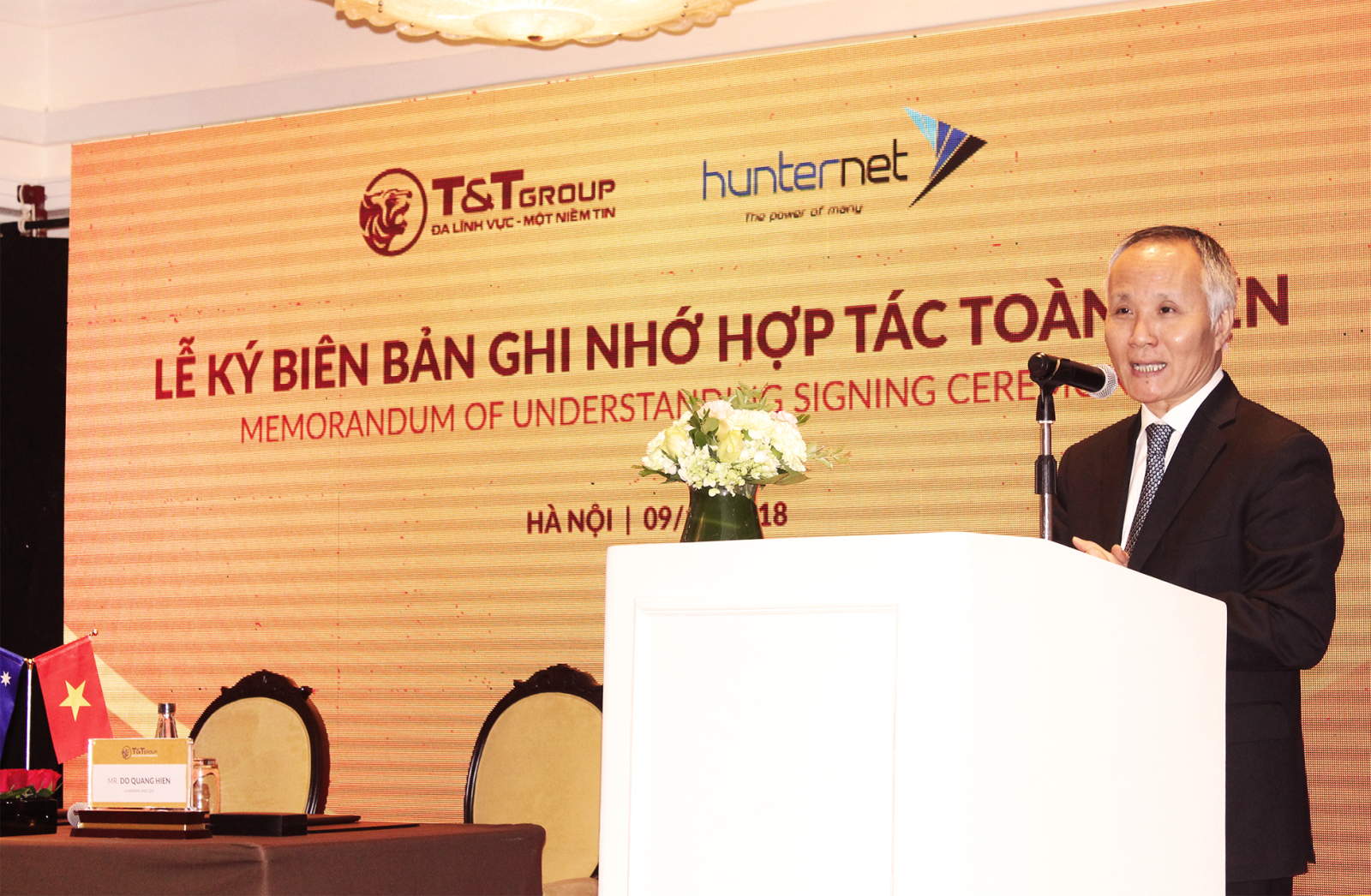 Thứ trưởng Bộ Công thương Trần Quốc Khánh phát biểu tại Lễ ký kết Biên bản ghi nhớ hợp tác toàn diện giữa Tập đoàn T&T Group và Hiệp hội Doanh nghiệp HunterNet.