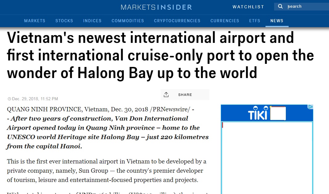 Báo điện tử hàng đầu nước Mỹ Business Insider đưa tin khánh thành sân bay quốc tế Vân Đồn