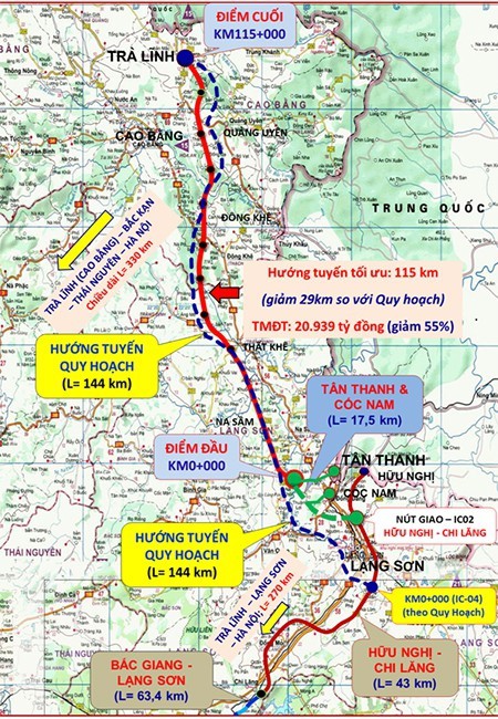 Tuyến dự án rút ngắn xuống 115km (màu đỏ) so với toàn tuyến theo quy hoạch 144km trước đó (màu xanh)