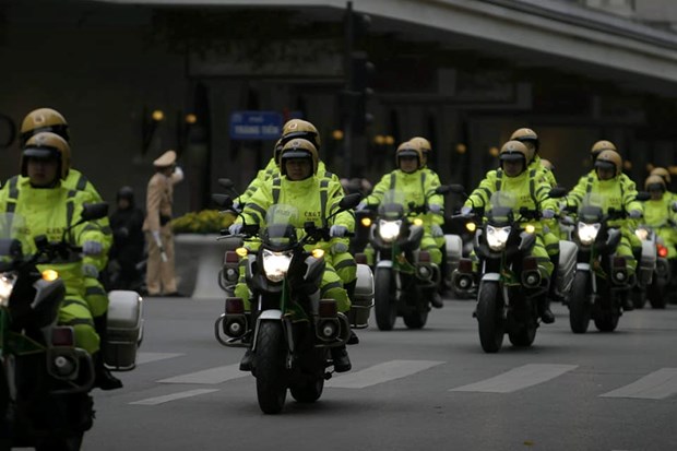 Lực lượng Cảnh sát giao thông trong buổi lễ ra quân đảm bảo an ninh, an toàn cho Hội nghị thượng đỉnh Mỹ-Triều Tiên lần thứ 2 (Ảnh: D.H)