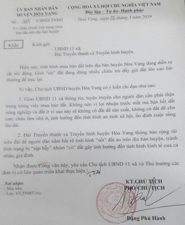 Văn bản khẩn của UBND huyện Hòa Vang gửi 11 xã trên địa bàn