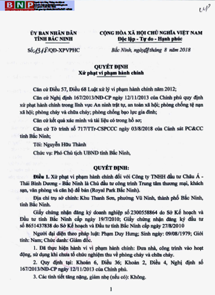 CĐT Dự án Royal Park Bắc Ninh bị xử phạt vi phạm 80 triệu đồng...