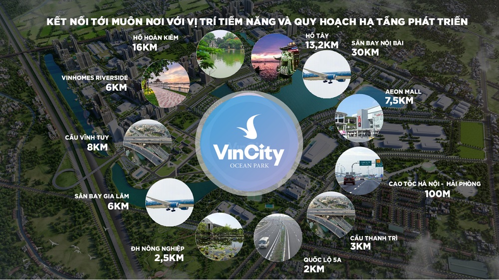 Nằm tại giao điểm vàng của khu vực Gia Lâm, VinCity Ocean Park nắm trong tay lợi thế kết nối đến các vùng lõi trung tâm vô cùng nhanh chóng.