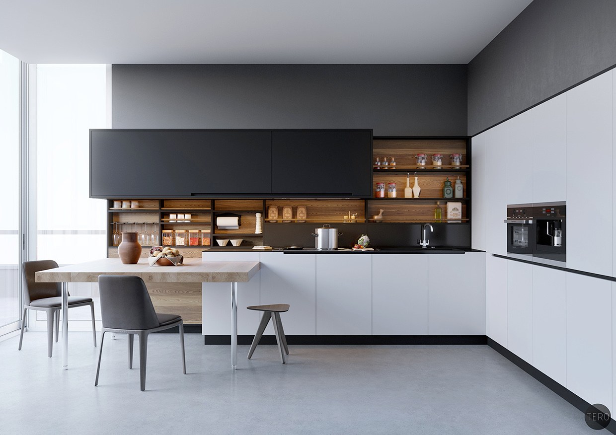 Dù có thiết kế tương tự như căn bếp đầu tiên, nhưng các phối màu khéo léo ở hệ thống tủ bếp và tường cũng khiến căn bếp này trở nên độc đáo. Đặc biệt là cửa kính lớn khiến nhà bếp rộng và thoáng hơn nhiều.