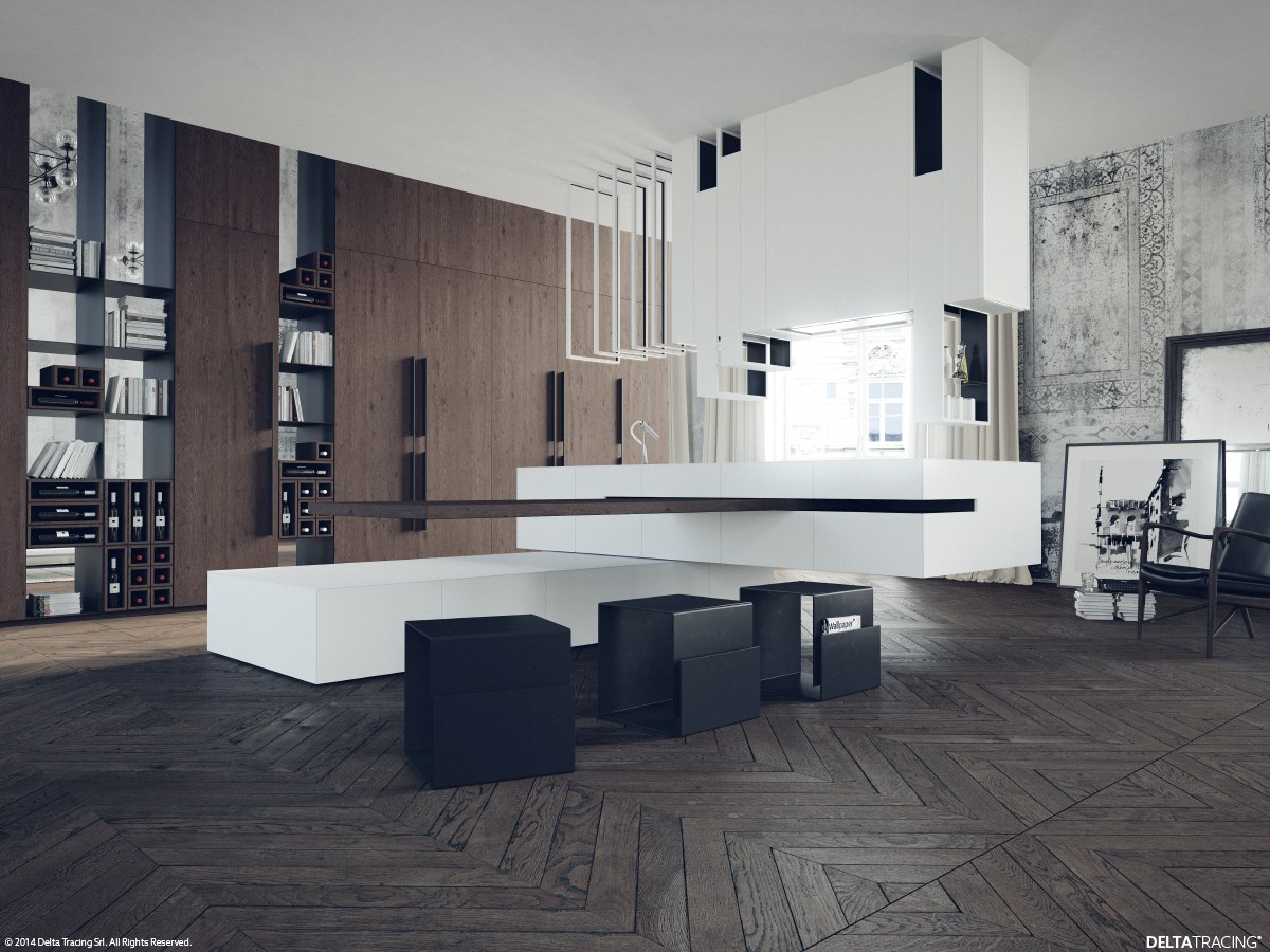Kiểu thiết kế lát sàn gỗ cứng trong căn bếp này cùng mái trần vòm đã biến một nhà bếp đơn giản thành một không gian rất sang trọng.