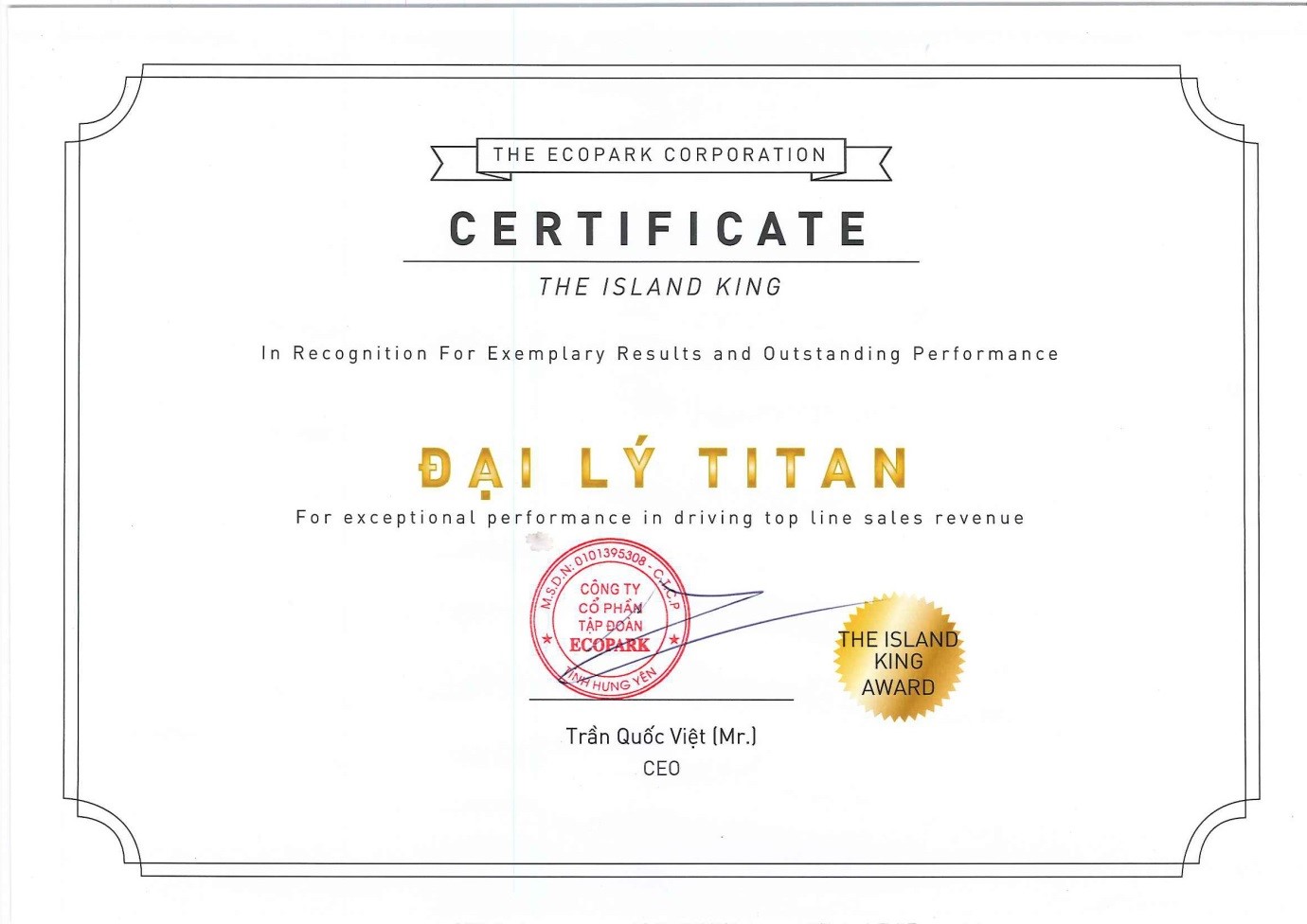 Giải thưởng danh giá Titan đạt được tại Ecopark trong 2 năm qua