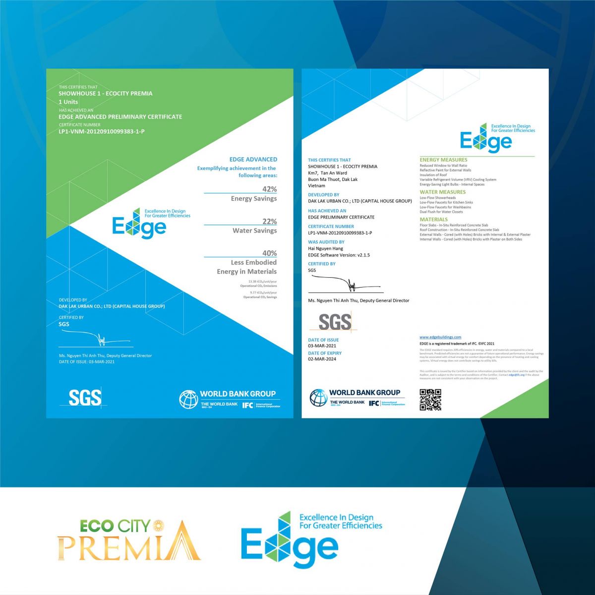 Chứng chỉ xanh EDGE cho nhà mẫu dự án EcoCity Premia.