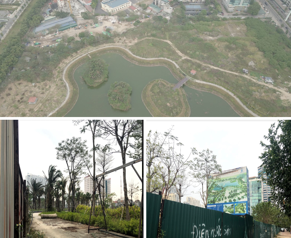 Dự án Công viên, hồ điều hòa Phùng Khoang sau nhiều năm vẫn ngổn ngang, đắp chiếu, quây tôn.