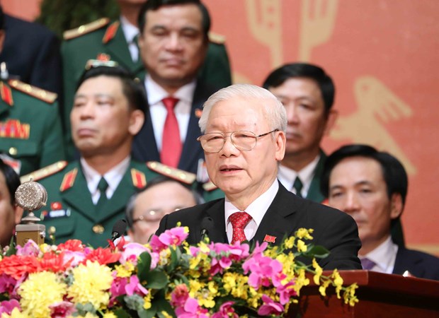 Đồng chí Nguyễn Phú Trọng, Tổng Bí thư BCHTW khóa XIII, Chủ tịch nước CHXHCN Việt Nam thay mặt BCHTW khóa XIII phát biểu ý kiến. (Ảnh: TTXVN)
