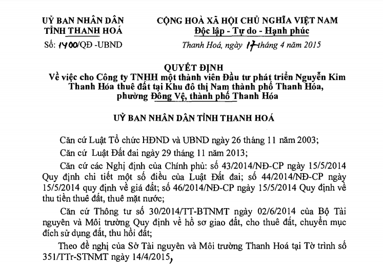 Quyết định 1400 về việc cho Công ty Nguyễn Kim Thanh Hóa thuê đất.