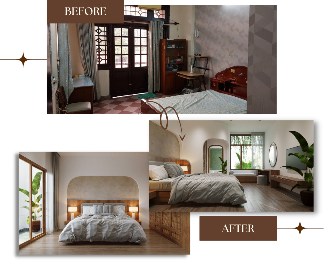 Cửa phòng ngủ được thay bằng cửa kính đón ánh nắng tự nhiên, kết hợp với nội thất tối giản khiến căn phòng trở nên rộng rãi hơn. 