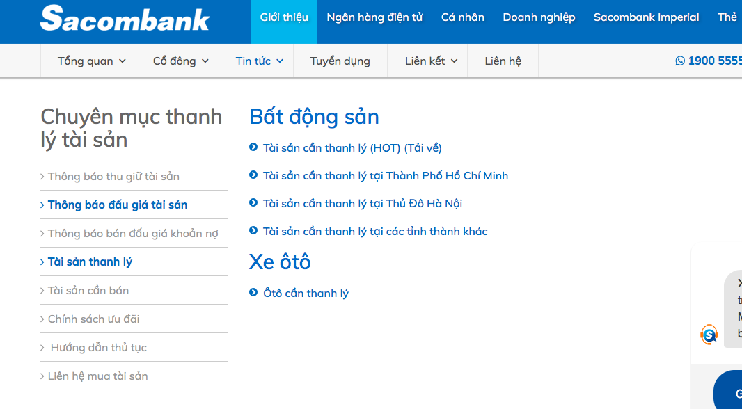 Sacombank đã lập hẳn một chuyên mục thanh lý tài sản trên website. (Ảnh chụp màn hình)