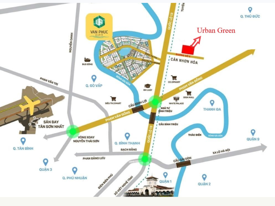 Bản đồ định vị dự án Vạn Phúc City cũng đã được tô vẽ thêm dự án Urban Green ở phía đối diện, gây hiểu lầm là 2 dự án tương đương nhau về vị trí