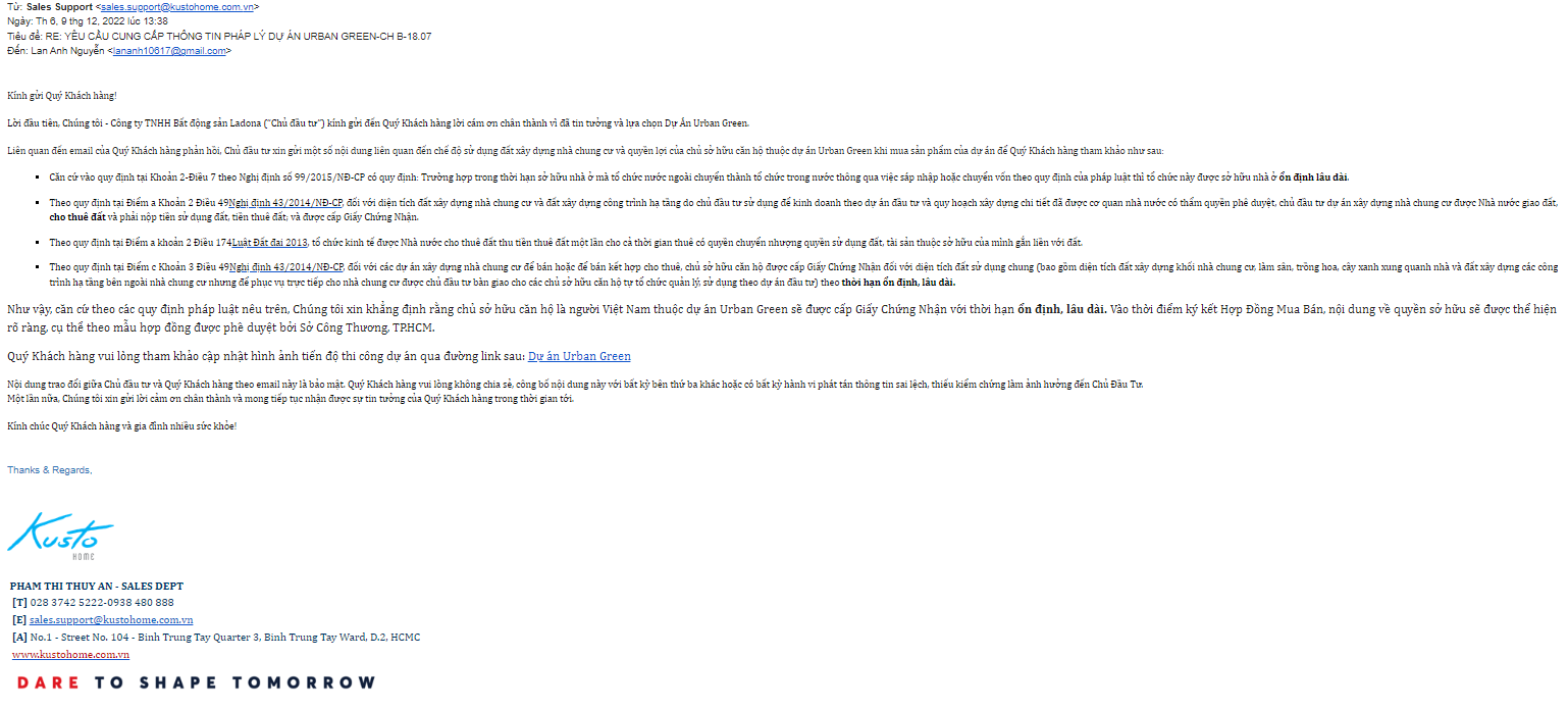 Email phản hồi khách hàng Kusto từ cá nhân Pham Thi Thuy An