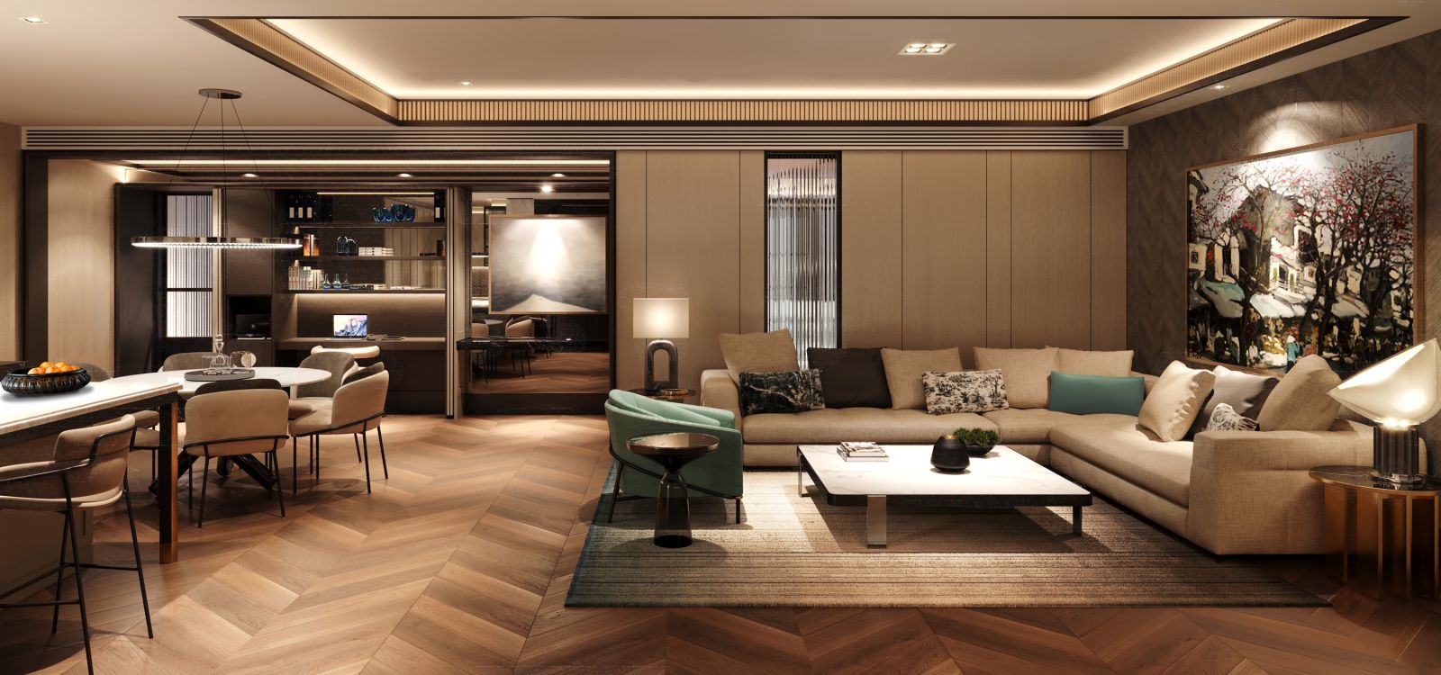 Phối cảnh phòng khách dự án căn hộ hàng hiệu đầu tiên tại Việt Nam mang thương hiệu Ritz-Carlton huyền thoại
