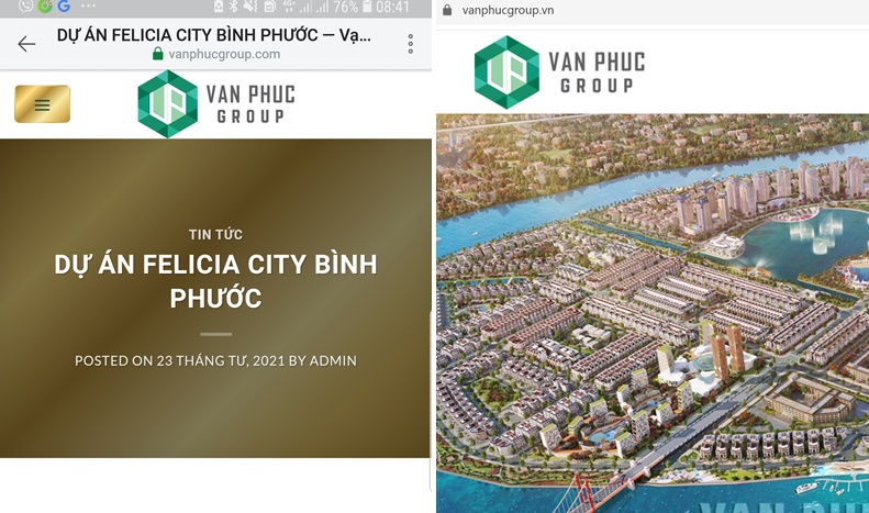 Website giả mạo sử dụng logo của Tập đoàn BĐS Vạn Phúc và đăng tải thông tin quảng cáo về dự án Felicia City Bình Phước