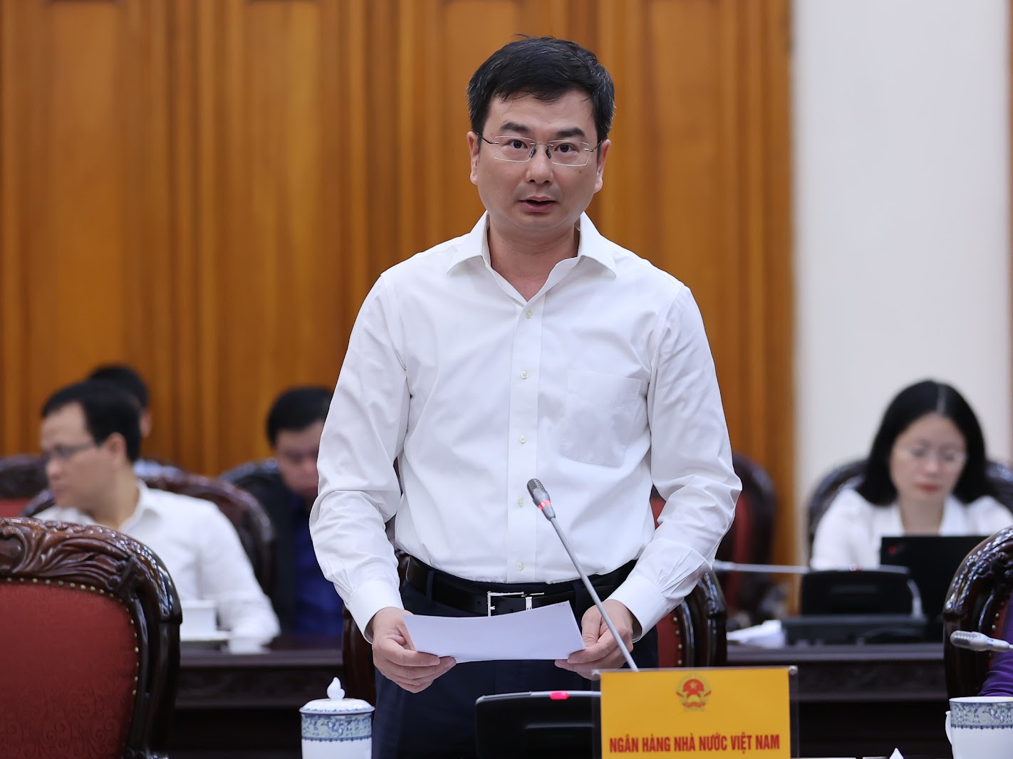 Phó Thống đốc Ngân hàng Nhà nước Việt Nam Phạm Thanh Hà phát biểu tại phiên họp.  (Ảnh: VGP/Nhật Bắc)