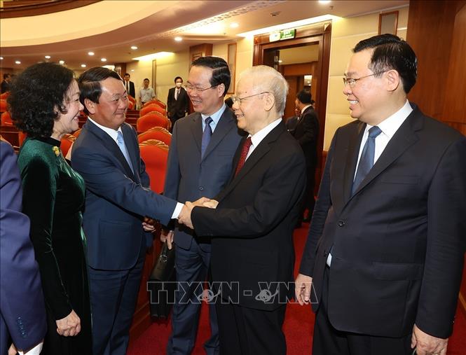 Tổng Bí thư Nguyễn Phú Trọng và các đồng chí lãnh đạo Đảng, Nhà nước cùng các đại biểu dự khai mạc hội nghị. (Ảnh: Trí Dũng/TTXVN)
