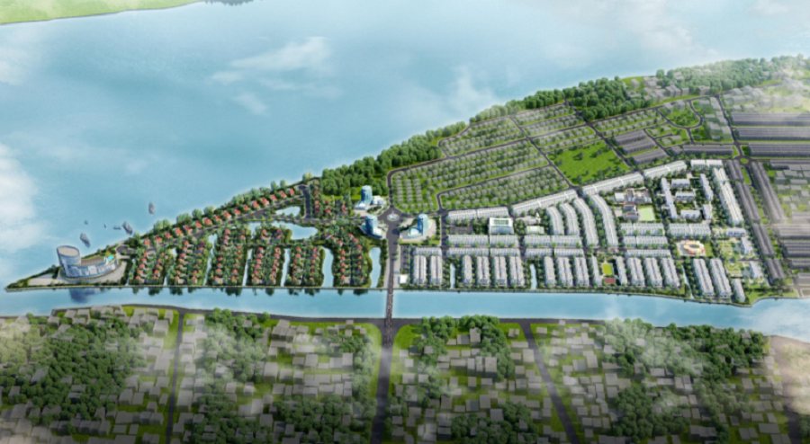 Phối cảnh dự án Khu đô thị mới Cồn Khương với hệ thống hồ cảnh quan nối trực tiếp với sông Khai Luồng có các cửa điều tiết nước