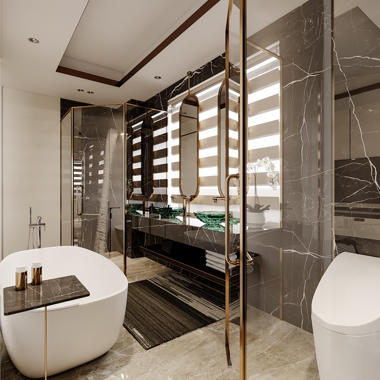 Nhà vệ sinh trong villa được ốp đá Marble tường và nền, thiết bị vệ sinh hãng Gessi (Italy), các khu vực công năng được chia riêng mang đến trải nghiệm thoải mái cho người dùng.