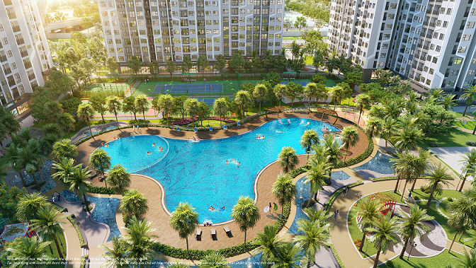 Phân khu The Miami lấy cảm hứng từ thiên đường nghỉ dưỡng Miami (Mỹ), mang phong cách sống nghỉ dưỡng nhiệt đới sôi động với bể bơi ngoài trời rộng tơi 1000m2.