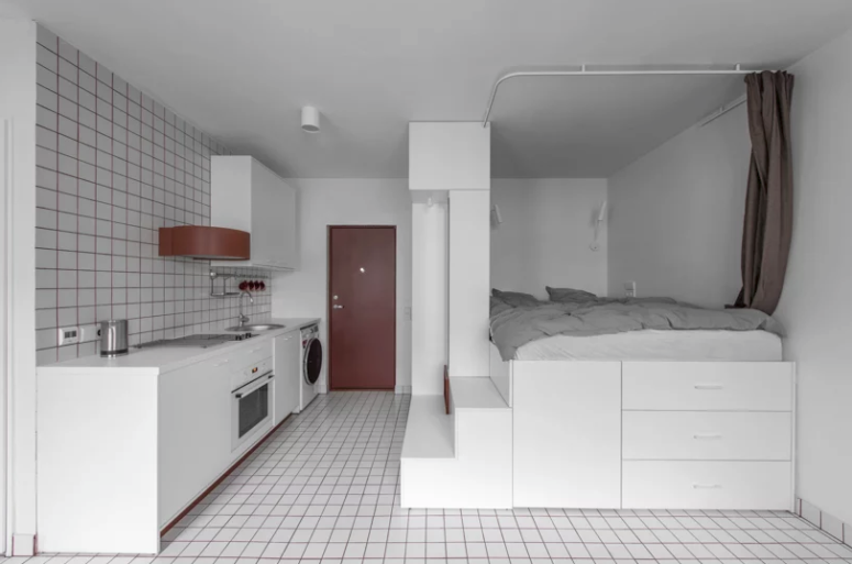 Trong tất cả các căn hộ nhỏ, không dùng tường và chỉ sử dụng chính đồ nội thất đa năng để phân chia không gian.