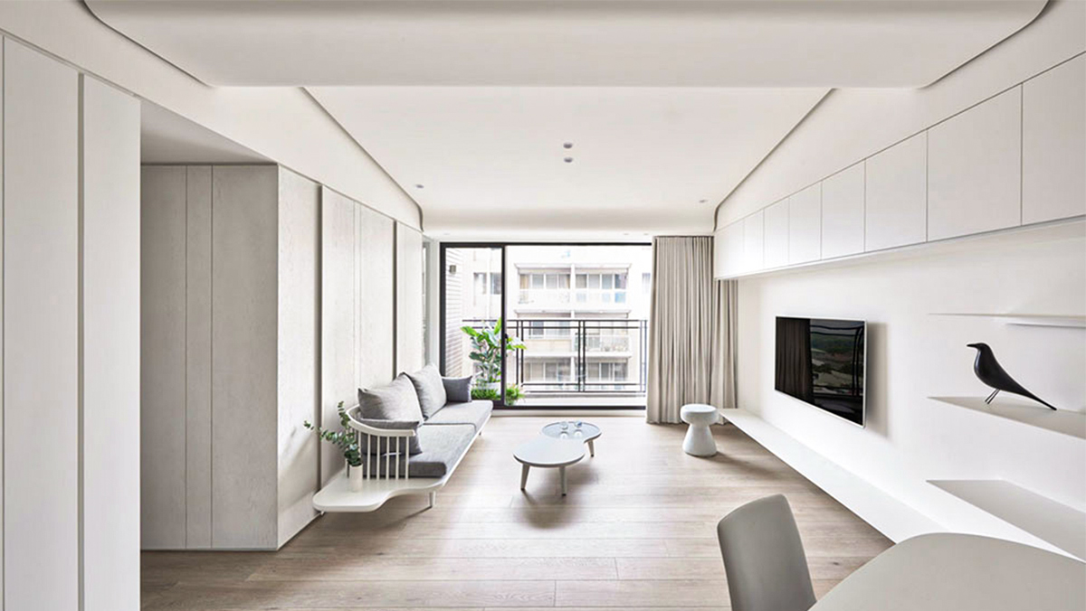 Phòng khách thiết kế theo phong cách minimalism với tone màu trắng chủ đạo