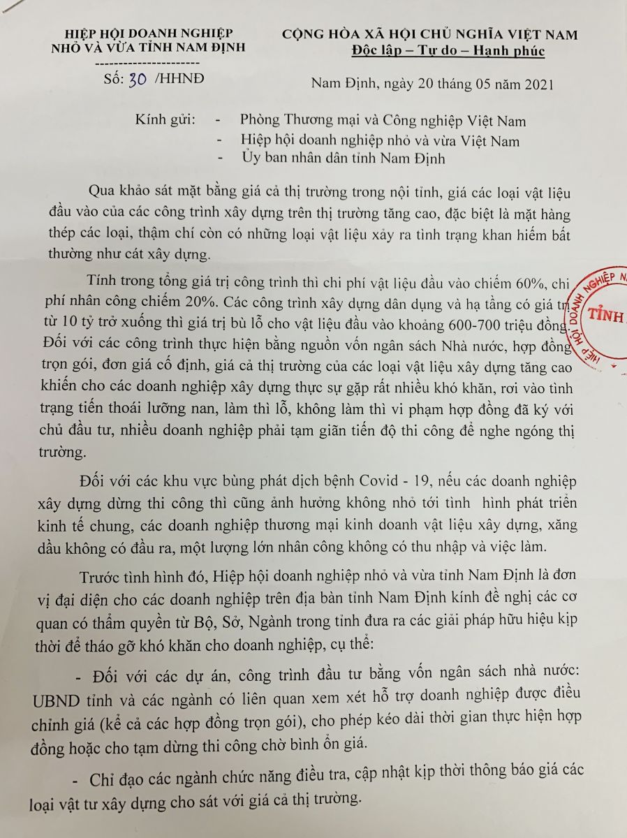Công văn Hiệp hội Doanh nghiệp nhỏ và vừa tỉnh Nam Định gửi đến VCCI, UBND tỉnh Nam Định