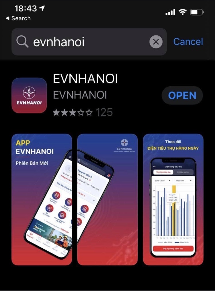 Giao diện App EVNHANOI trên kho ứng dụng