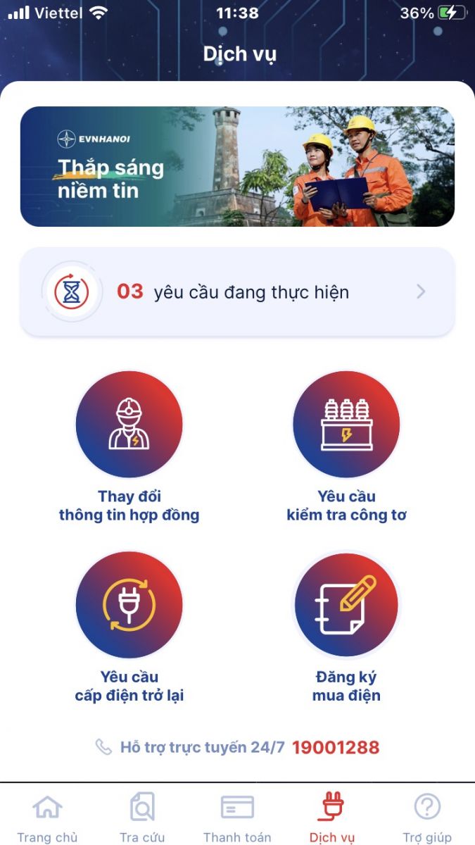 Khách hàng dễ dàng đăng ký các dịch vụ điện ngay trên  App EVNHANOI