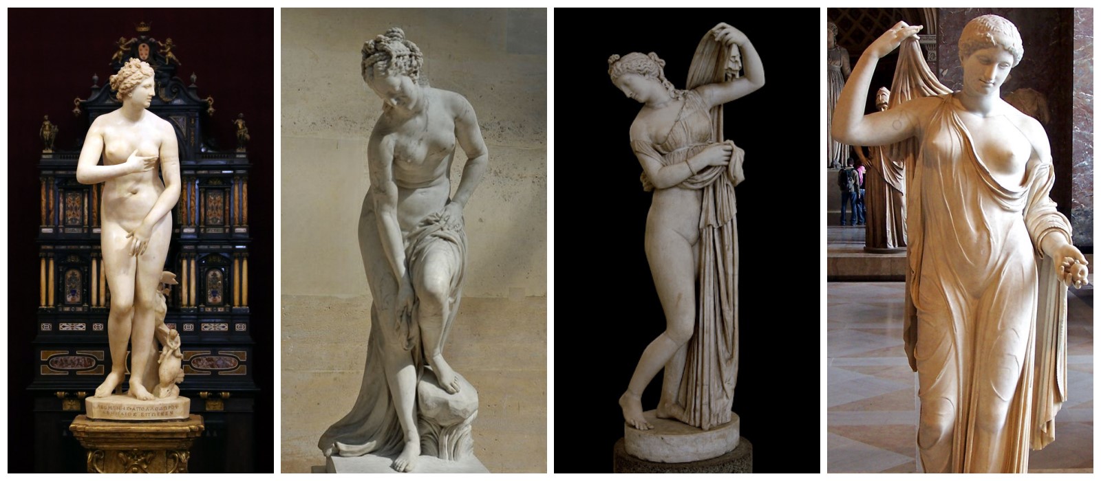 Từ trái qua: Venus de Medici, Venus Allegrain, Venus Kallipygos và Venus Frejus, các phiên bản của Venus tại Thác mặt trời.
