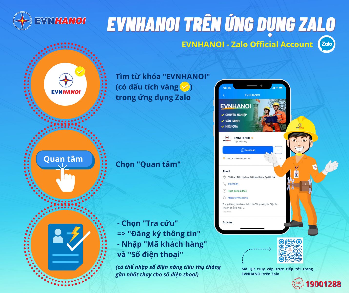 Các bước theo dõi và đăng ký thông tin trên trang EVNHANOI tại ứng dụng Zalo