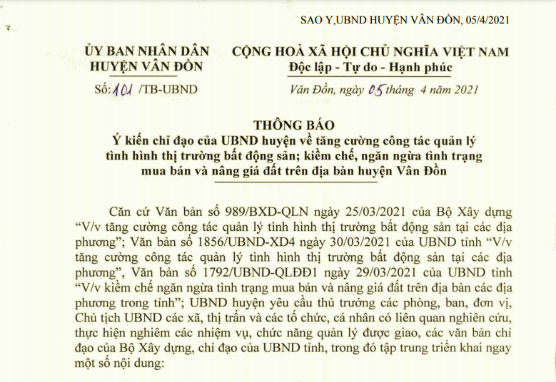 UBND huyện Vân Đồn ra văn bản cánh báo sốt đất