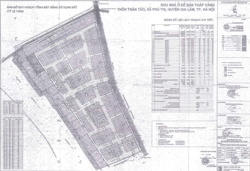 Bản đồ quy hoạch tổng mặt bằng sử dụng đất khu nhà ở để bán Tháp Vàng, xã Phú Thị, huyện Gia Lâm, TP. Hà Nội  (tỷ lệ 1/500).