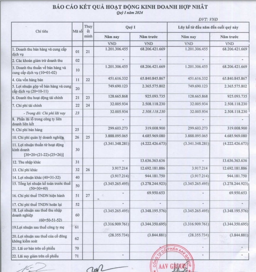 AAV Group lỗ ròng liên tiếp 6 kỳ, đưa cổ phiếu vào tình trạng cảnh báo- Ảnh 1.