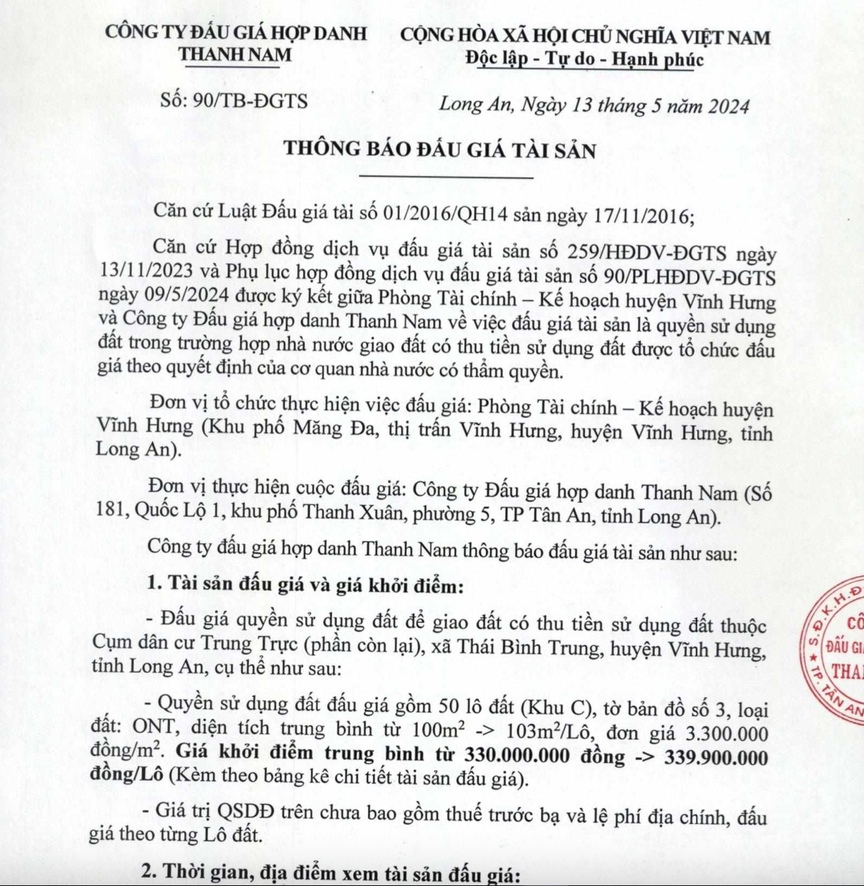 Long An sẽ đấu giá hàng trăm lô đất, giá khởi điểm từ 255 triệu đồng/lô- Ảnh 1.